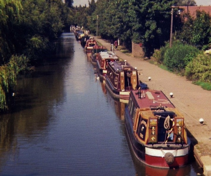 a long row of narrowboats tethered along a rural canal